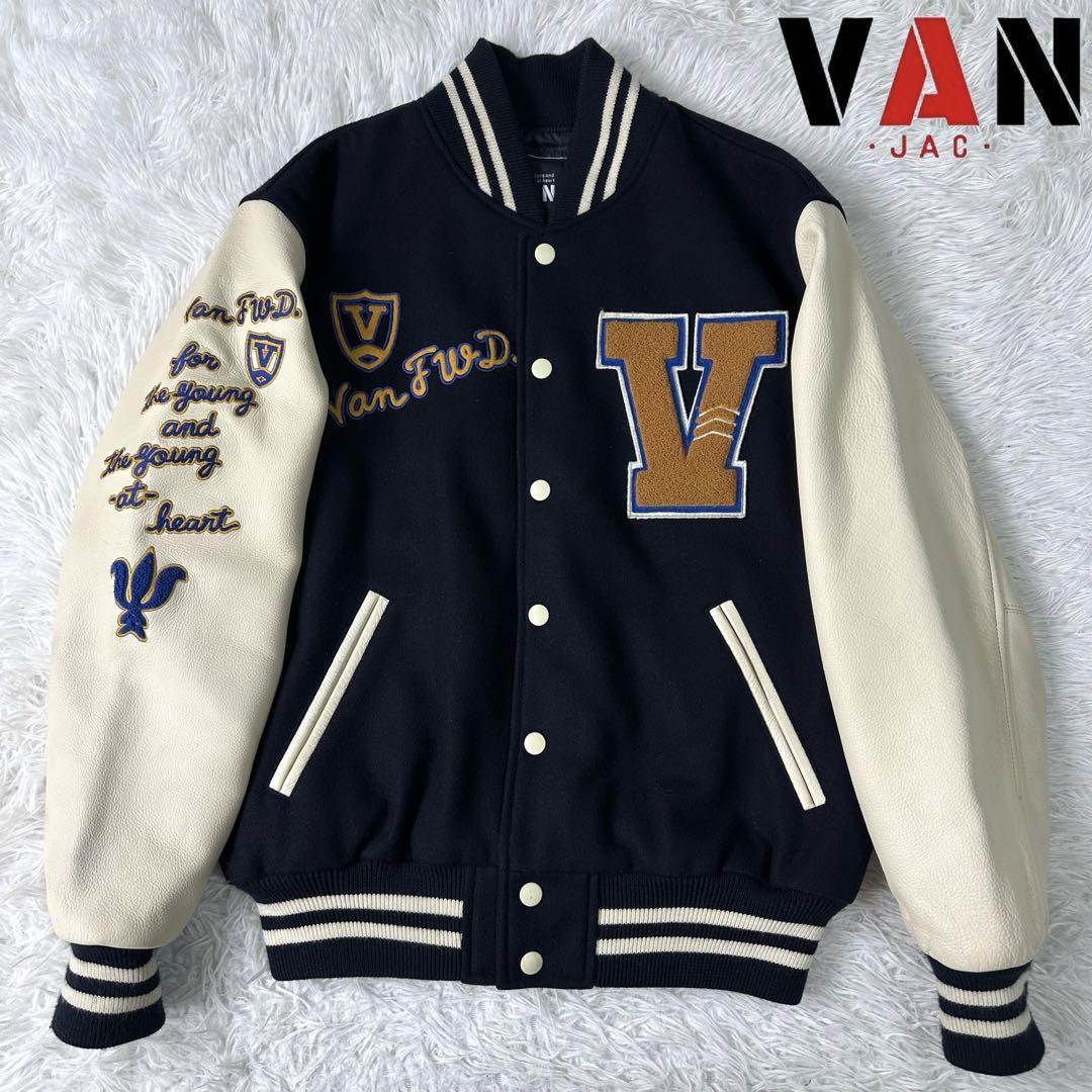 激レア】VAN JACKET セミデコ スタジャン 紺×白 袖レザー S｜Yahoo