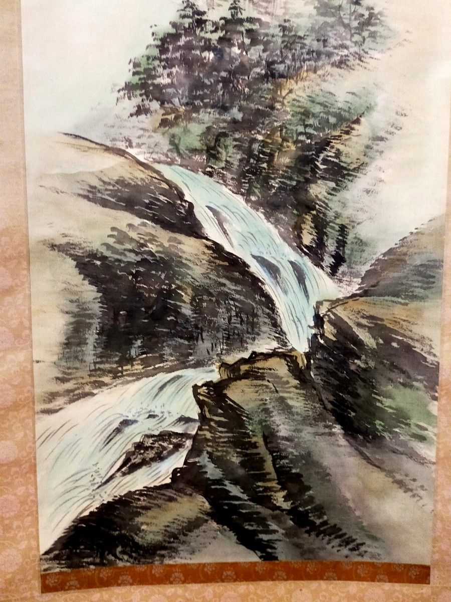 掛け軸 山水画 渓山深秀図 雪谷 共箱付き 中国美術 肉筆紙本 風景 絵