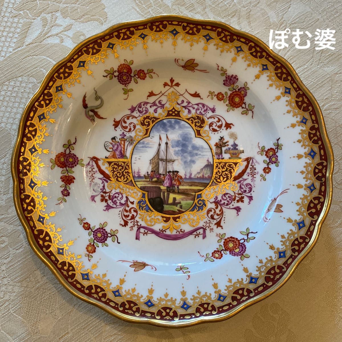 古マイセン】ヘロルト／金彩色絵人物文 皿 プレート「シノワズリと港湾