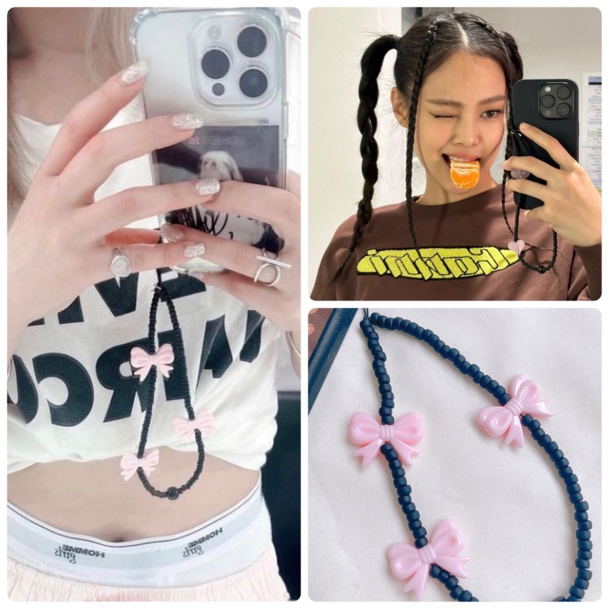 海外 ハート ビーズ スマホストラップ ハンドメイド string ting black