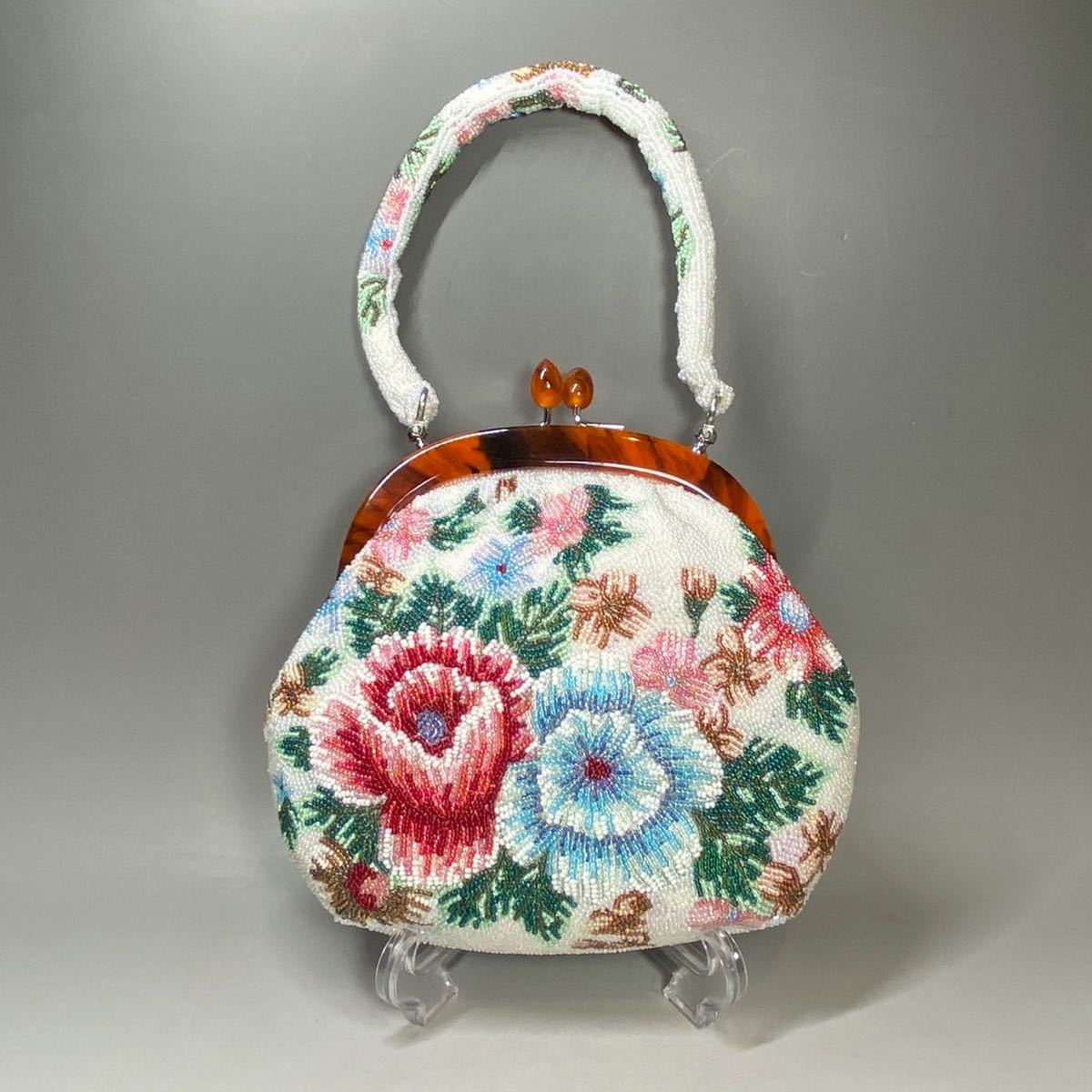 Yahoo!オークション - ビーズバッグ ハンドバッグ 花柄 がま口 ビーズ