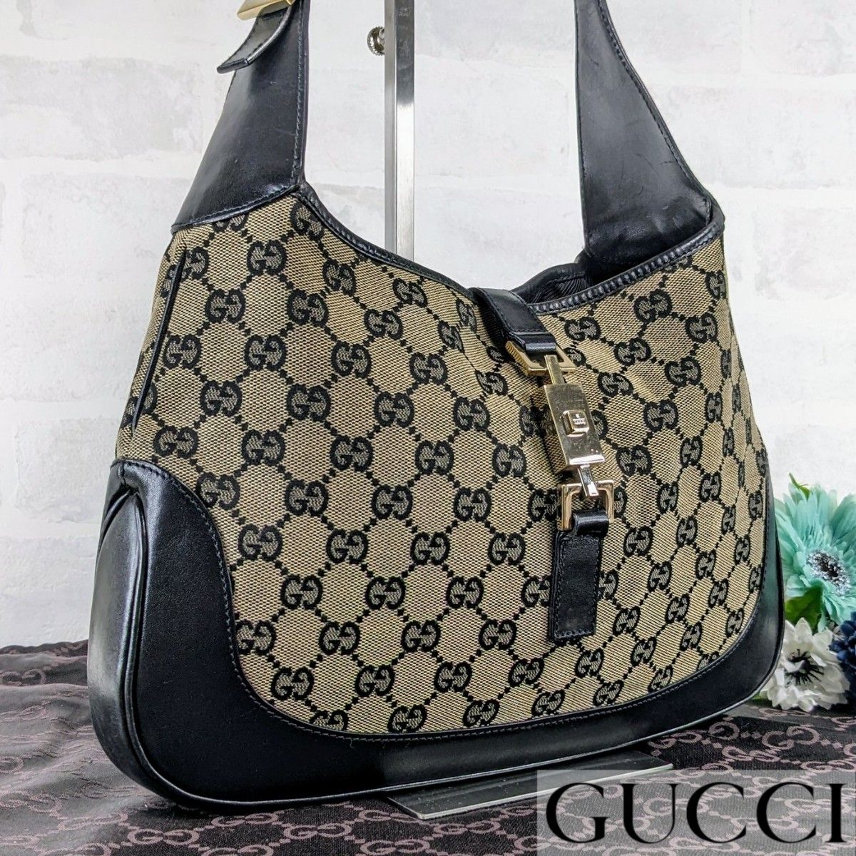 美品 GUCCI グッチ ジャッキー レザー GGキャンバス ショルダーバッグ