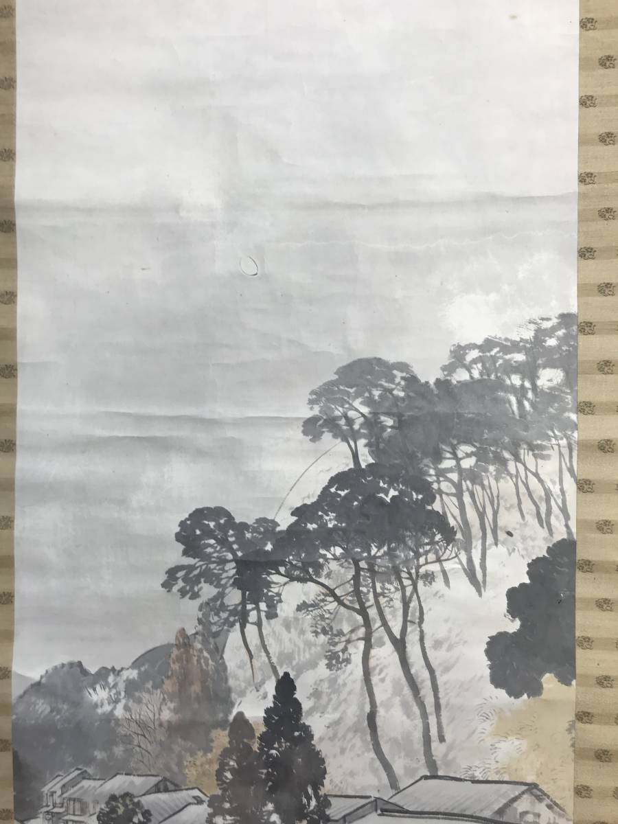 真作川北霞峰⁄春景山水図⁄田家図⁄掛軸☆宝船