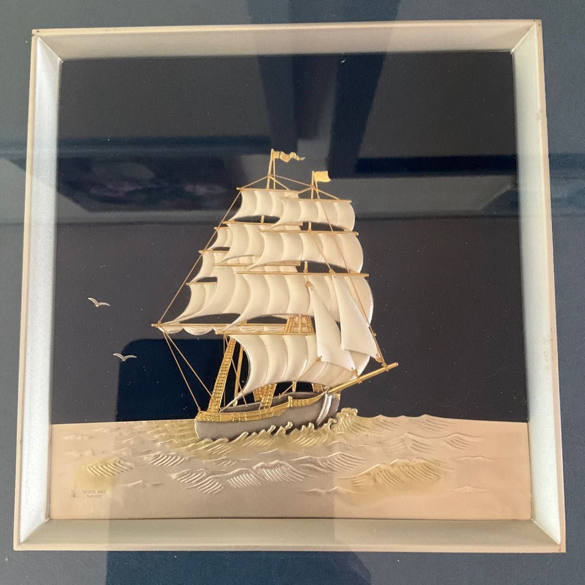 未使用美品 武比古作 純銀卓上額 帆船レリーフ 伝統工芸士 意匠登録