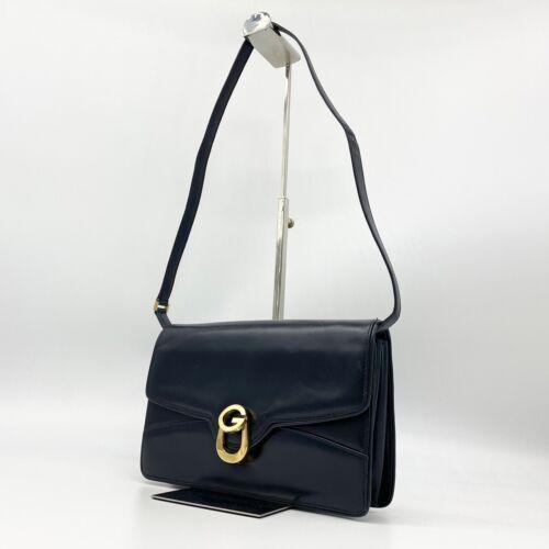 GUCCI オールドグッチ ショルダーバッグ ロゴ ネイビー レザー