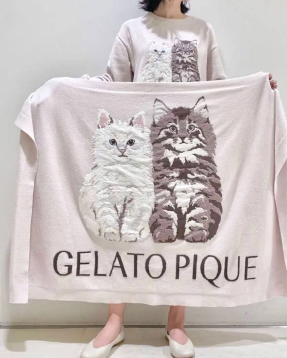 ジェラートピケ 新品ツインキャットジャガードブランケット ピンク 猫