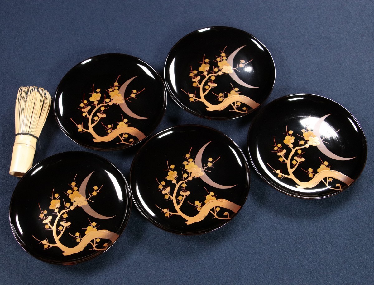 CF85 時代輪島塗 梅に月 金蒔絵 黒塗木皿 五客 約14cm 菓子取皿 木製