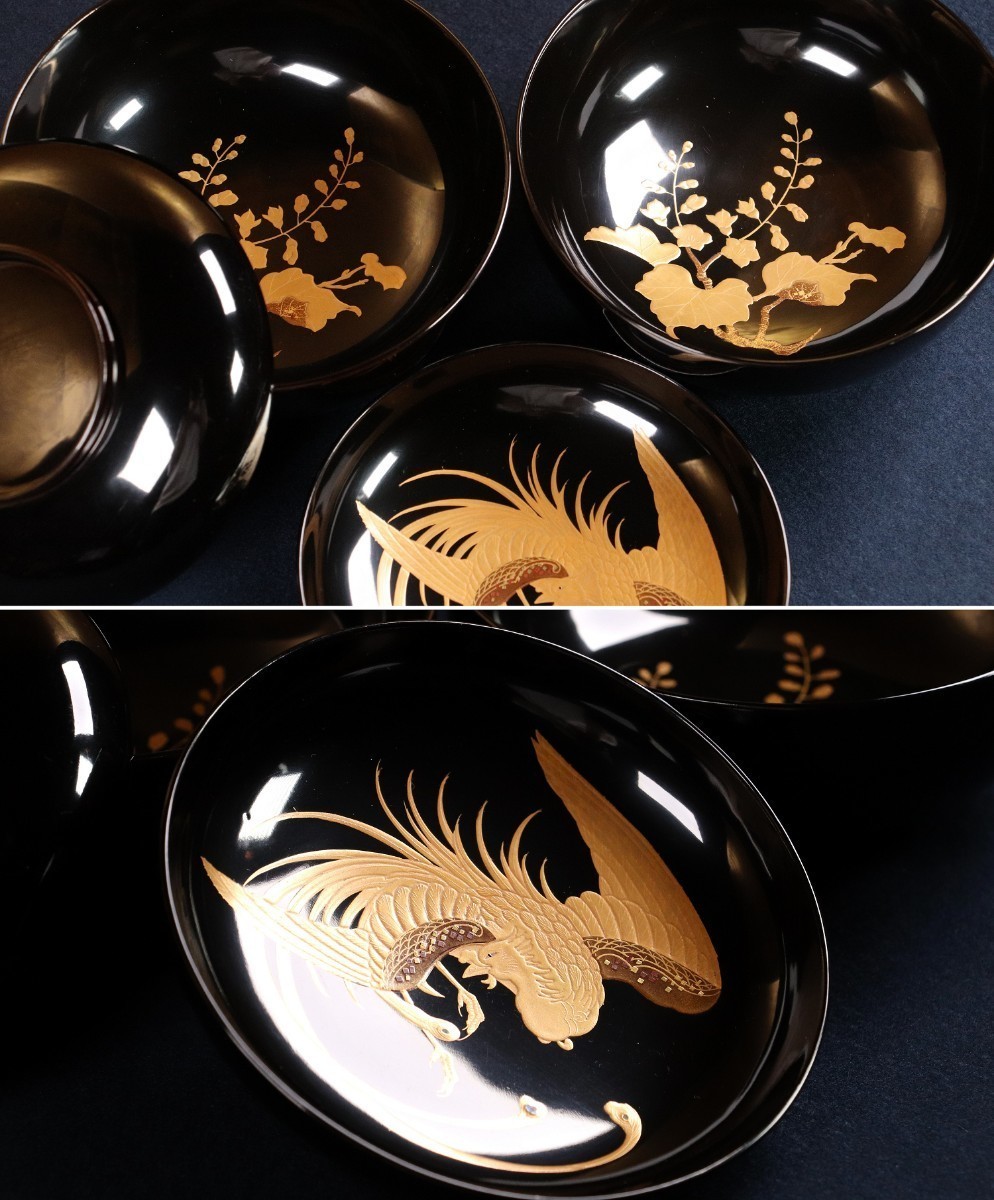 CF79 輪島塗 桐鳳凰金蒔絵 黒塗煮物椀 二客 木製漆器 梨地切金螺鈿細密