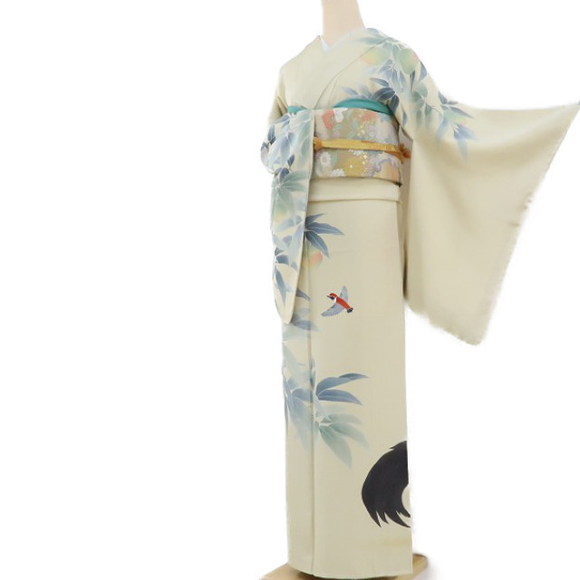 ゆめsaku2 新品 日本画家 上村淳之 落款 着物 仕付け糸付 正絹“枝を