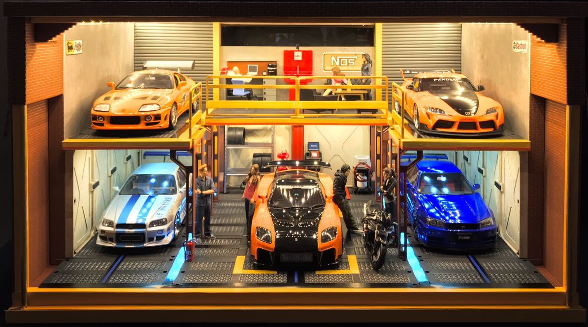 送料無料 1/18 映画 ワイルドスピード風 ガレージ 工場 駐車場 LED