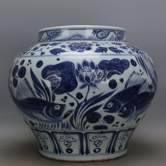 元時代 染付 青花魚藻紋大罐 陶磁器 唐物 中国美術 工芸