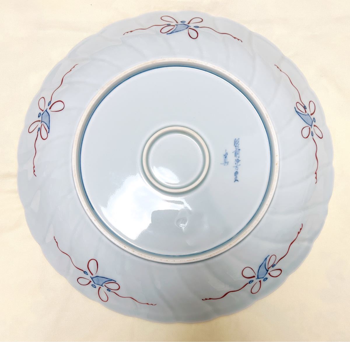 色鍋島焼 瀬兵窯 肥前伊万里 藤花山水絵 超大皿 飾皿 直径33 5cm 美術