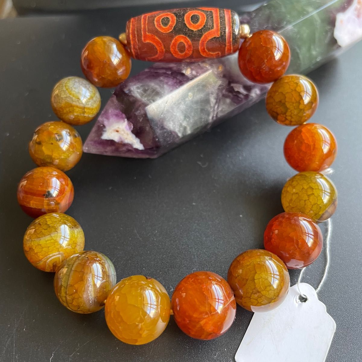 天然上品な龍紋瑪瑙 ドラゴンアゲート 14mm+チベット七眼天珠