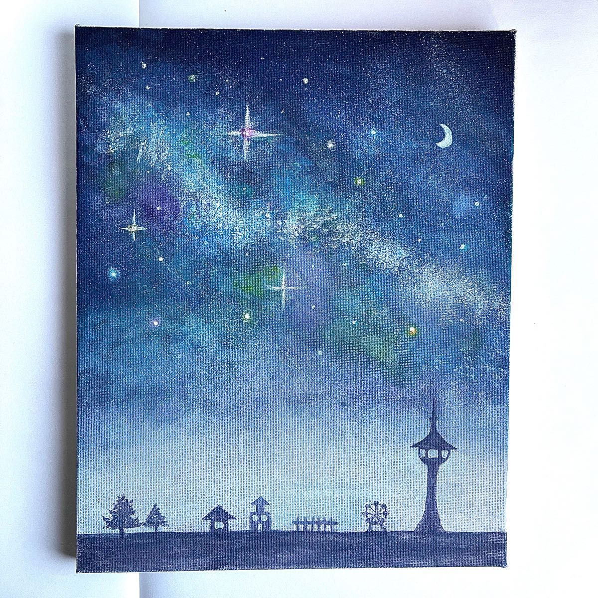 一点物 キャンパス絵画 星が広がる街 メルヘン 星空 天の川 流星