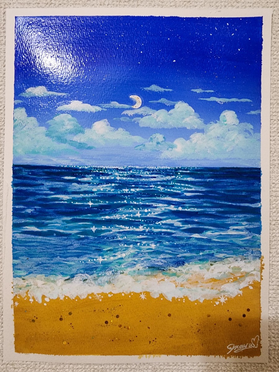 アクリル画 F20 風景画 アクアブルーの海】アクリル画 F20 風景画 絵画