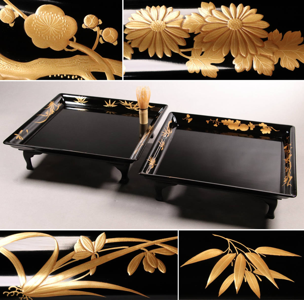 木製 黒塗 四方膳 二客 脚付 四君子 金蒔絵 茶懐石 木製黒塗四方膳二客