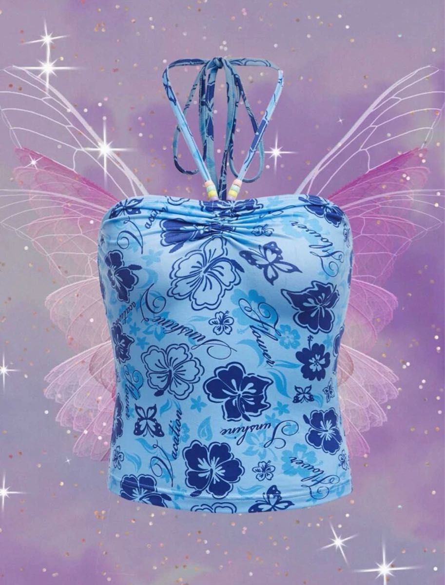 ハイビスカス花柄ピンク y2k キャミソール ハイビスカス花柄ピンク y2k