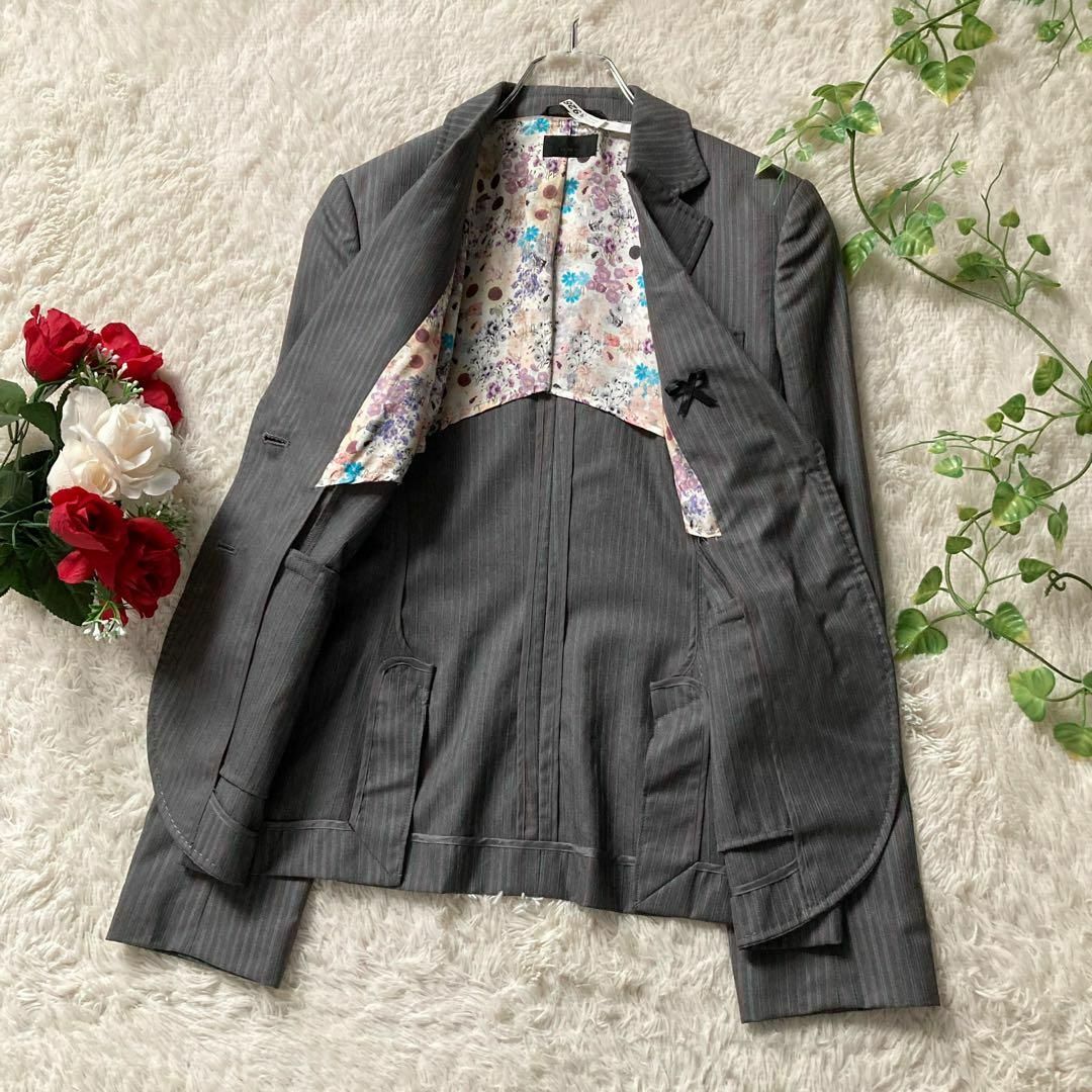 ポールスミス ウールシルク パンツスーツ ストライプ 裏地花柄 グレー