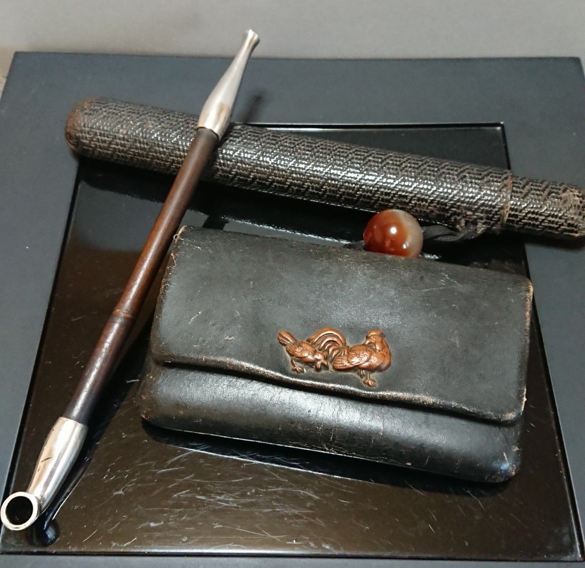 明治期 純銀製キセル 夫婦鶏図 煙草入れ セット 時代物煙管 叺｜Yahoo