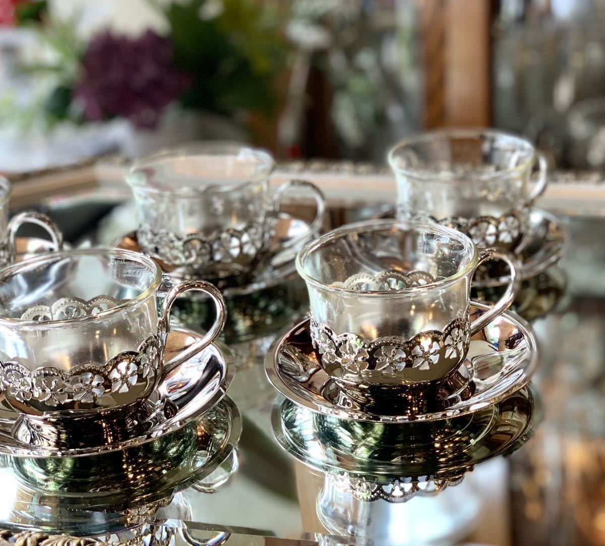 未使用】 ジャパンシルバー カップ ソーサー 耐熱ガラス シルバー 銀