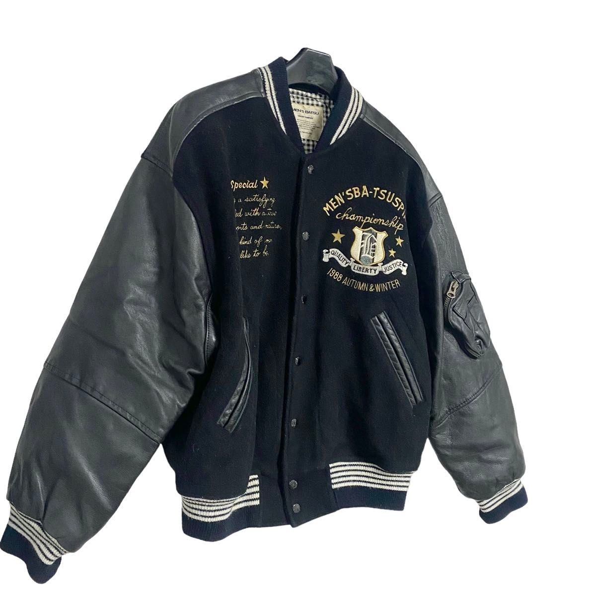 MEN'S BA-TSUメンズバツ スタジャン ウール レザー ブラック黒 刺繍