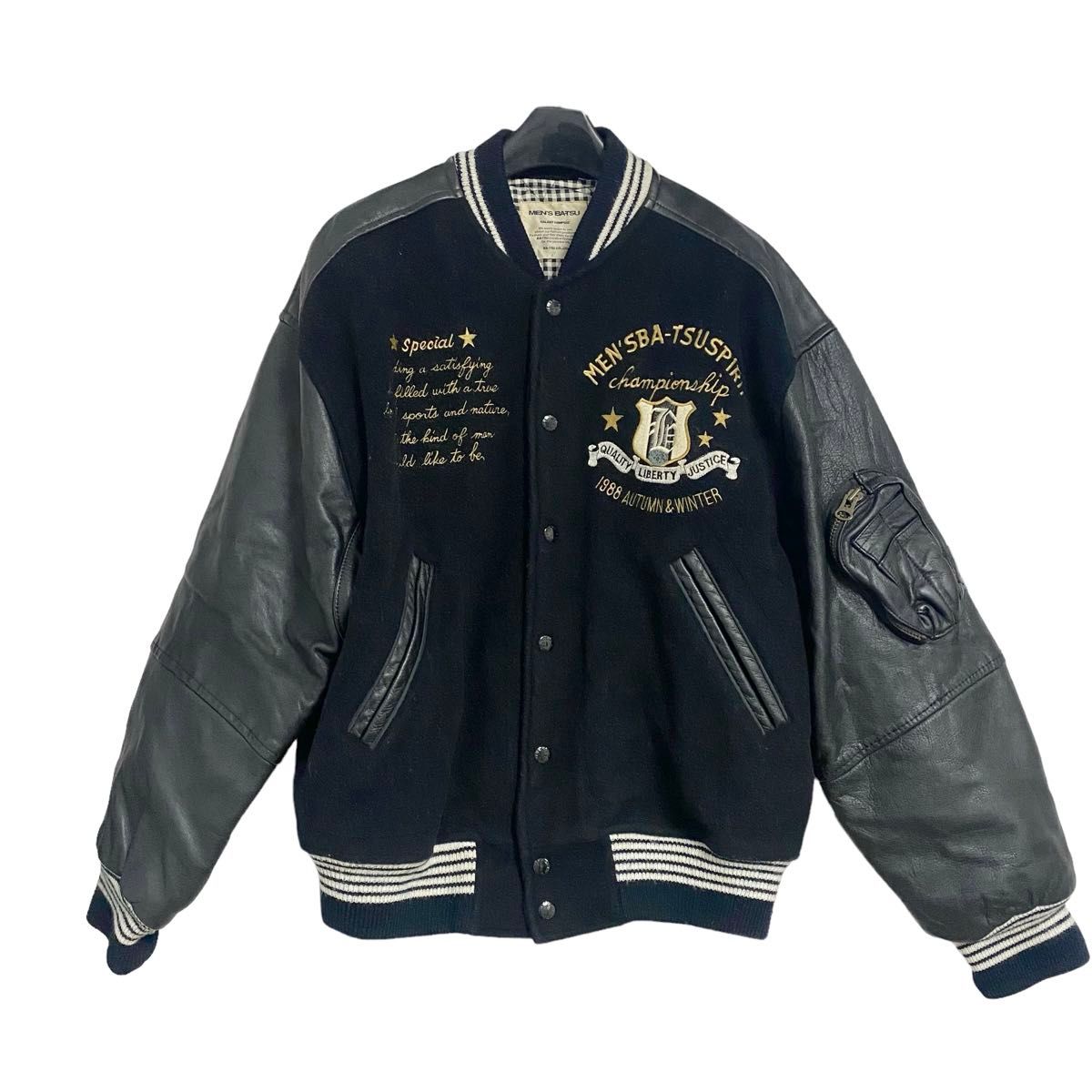 MEN'S BA-TSUメンズバツ スタジャン ウール レザー ブラック黒 刺繍