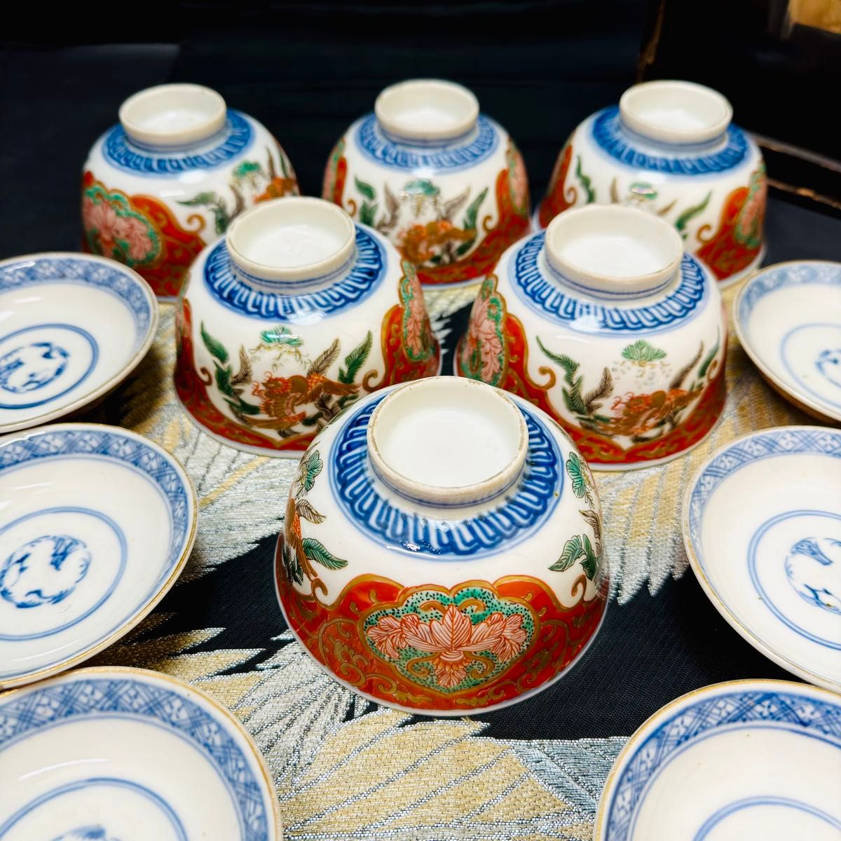 古伊万里、『染錦草花紋蓋物』、6客、銘「吉祥」有、箱無 古伊万里