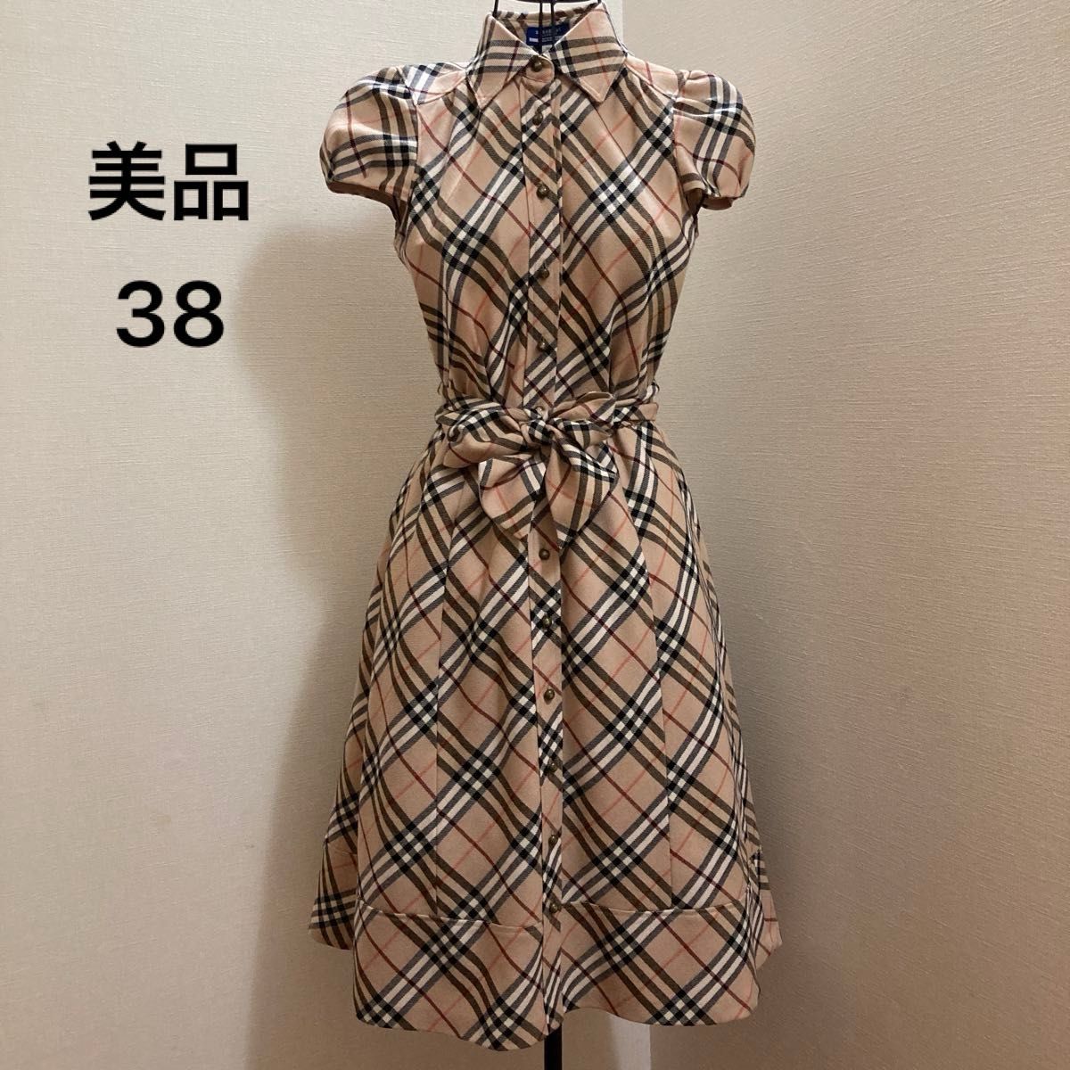 バーバリーブルーレーベル チェック柄半袖ワンピース 38 ウール100