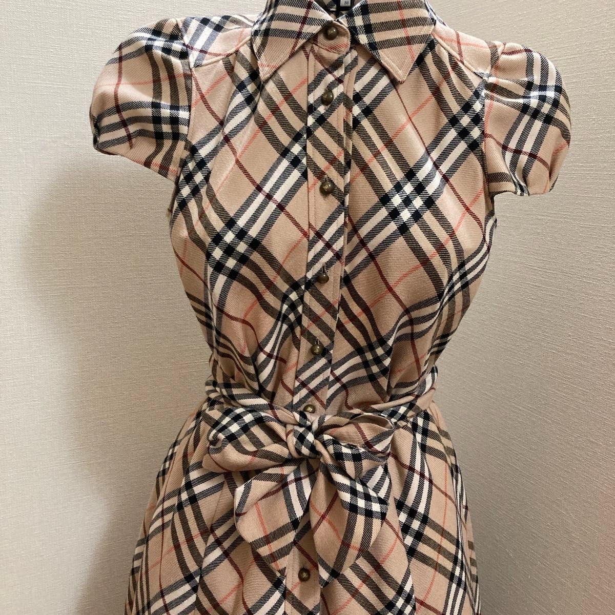 バーバリーブルーレーベル チェック柄半袖ワンピース 38 ウール100