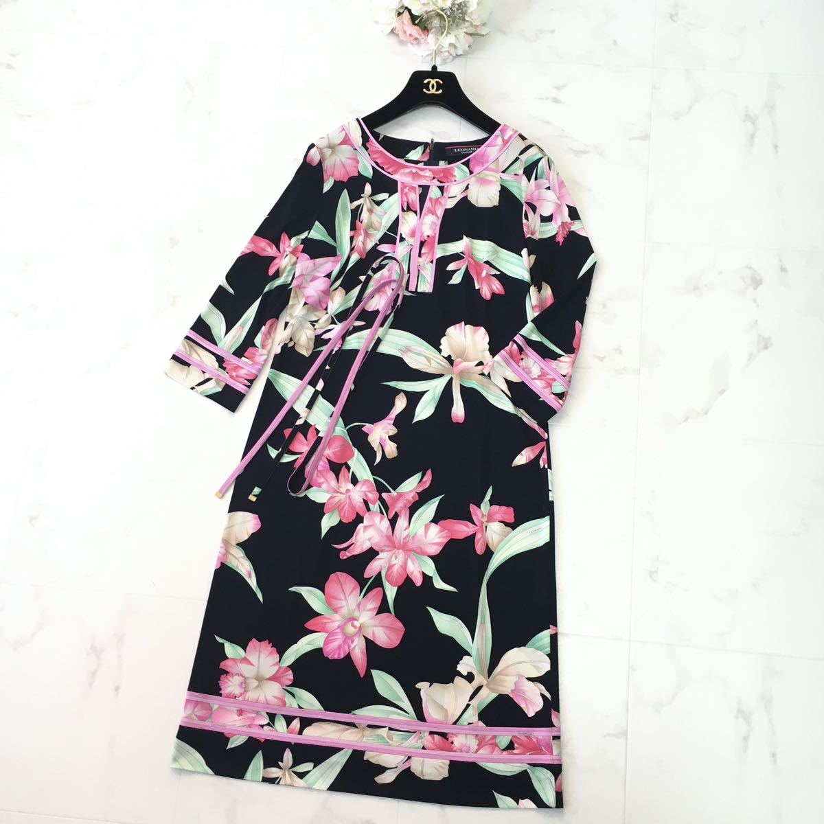 新品同様 LEONARD レオナール 近年モデル カンカン ベルト ワンピース