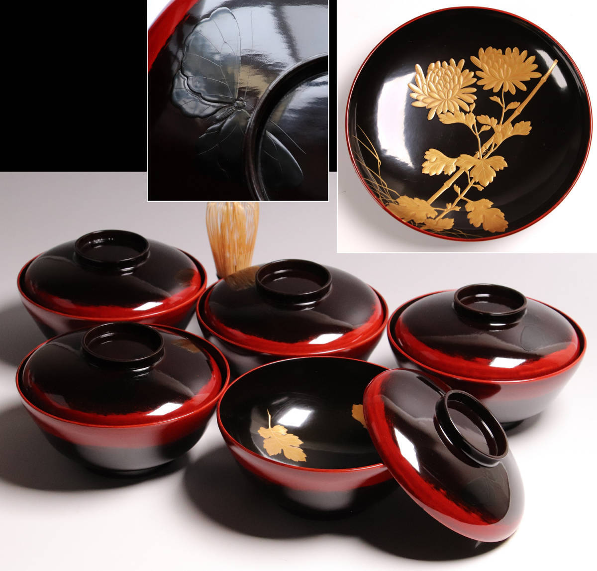 専用品です CG65 時代輪島塗 菊に蝶本金蒔絵 闇蒔絵 黒塗椀 四客 縁