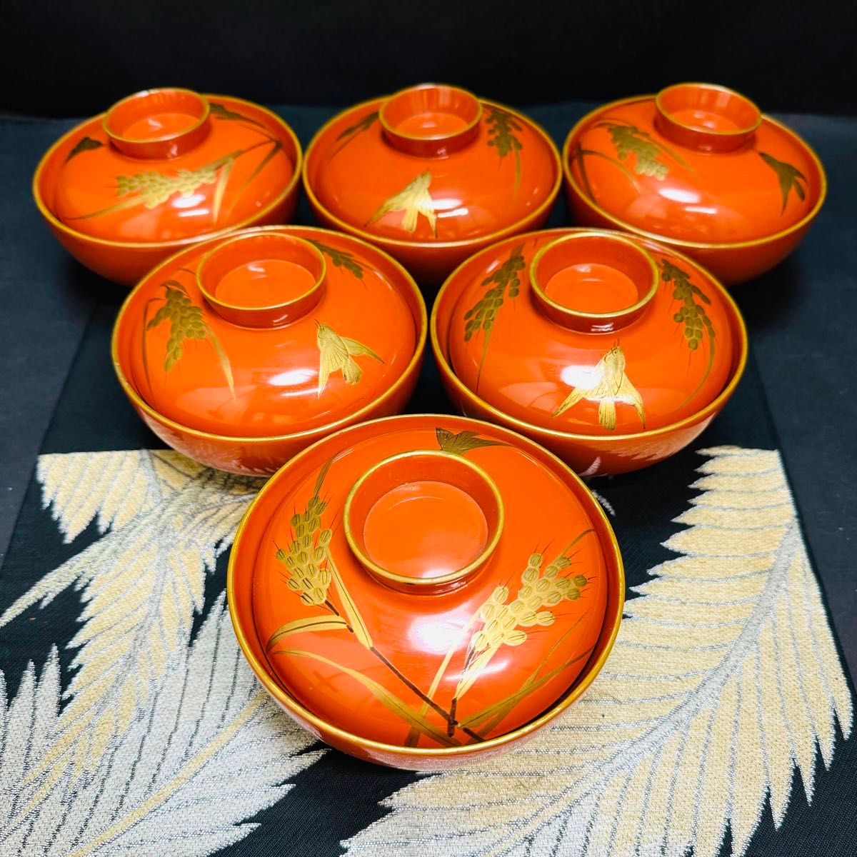 漆器 輪島塗 蒔絵金彩細工 沈金 木製 蓋付椀 吸物椀 大きめ 10客 骨董