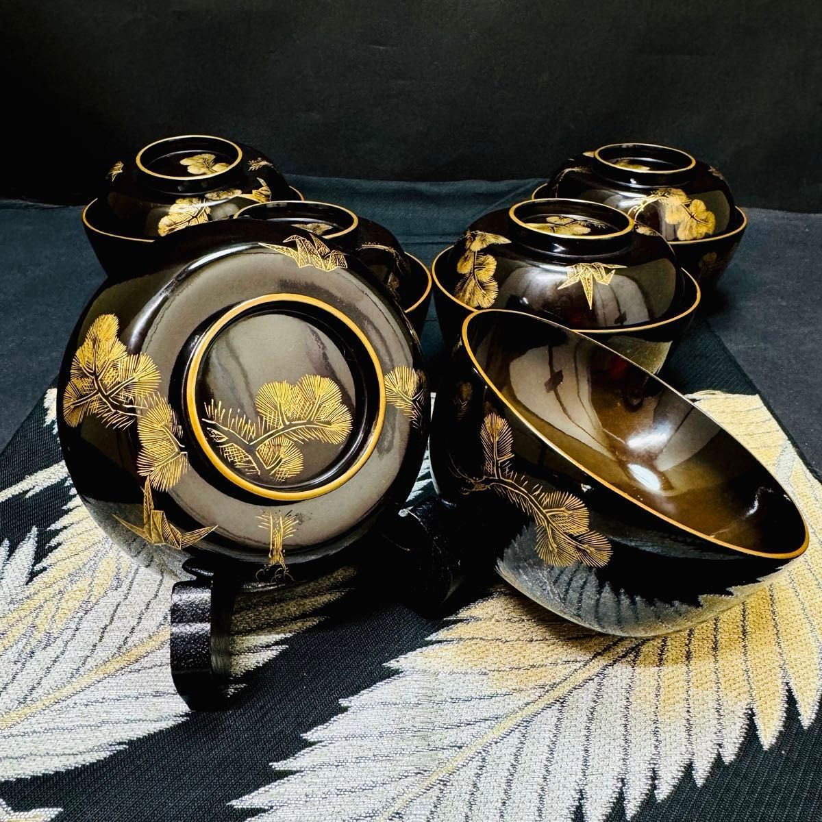 漆器 輪島塗 沈金松鶴 金蒔絵 木製 蓋付椀 お煮物椀 吸物椀 5客 骨董