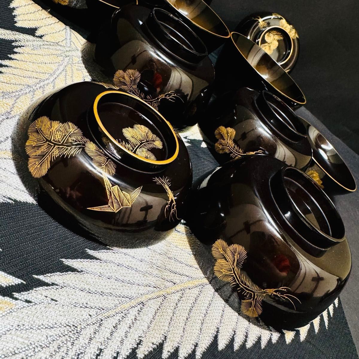 漆器 輪島塗 沈金松鶴 金蒔絵 木製 蓋付椀 お煮物椀 吸物椀 5客 骨董