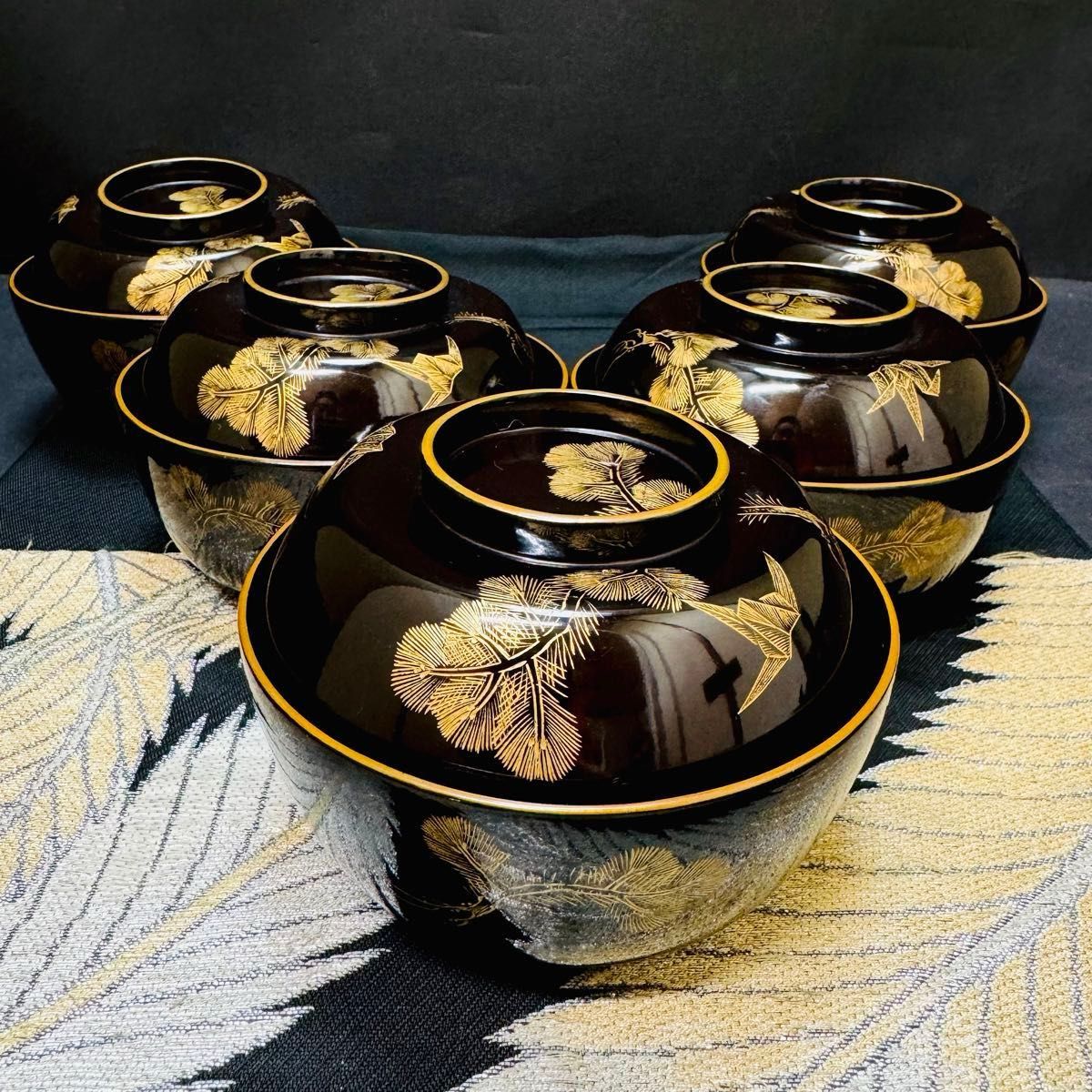漆器 輪島塗 沈金松鶴 金蒔絵 木製 蓋付椀 お煮物椀 吸物椀 5客 骨董