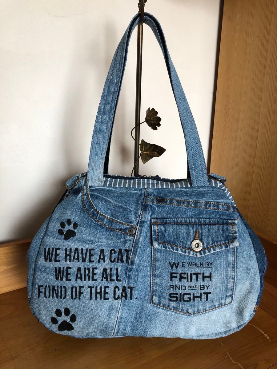 1938【もも】ワイヤー口金ボストンバッグ(L)、デニムリメイク 1938【も