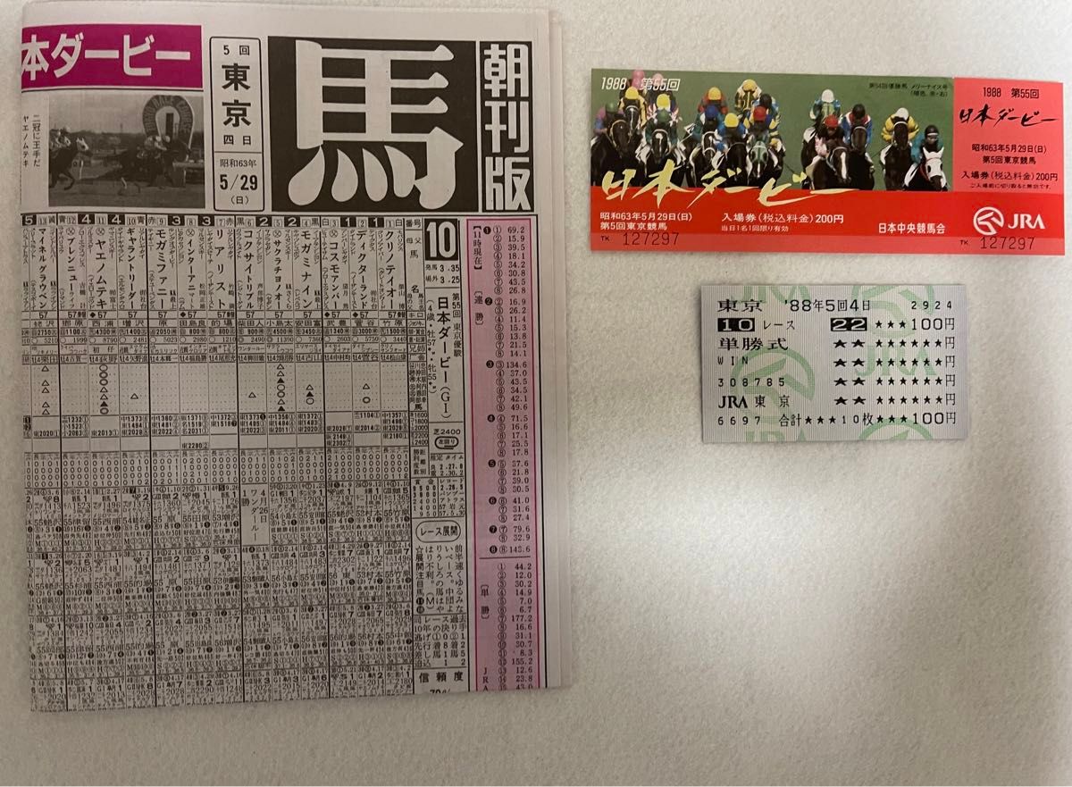 1988年 第55回 日本ダービー 競馬新聞 サッカーボーイ 単勝馬券 記念