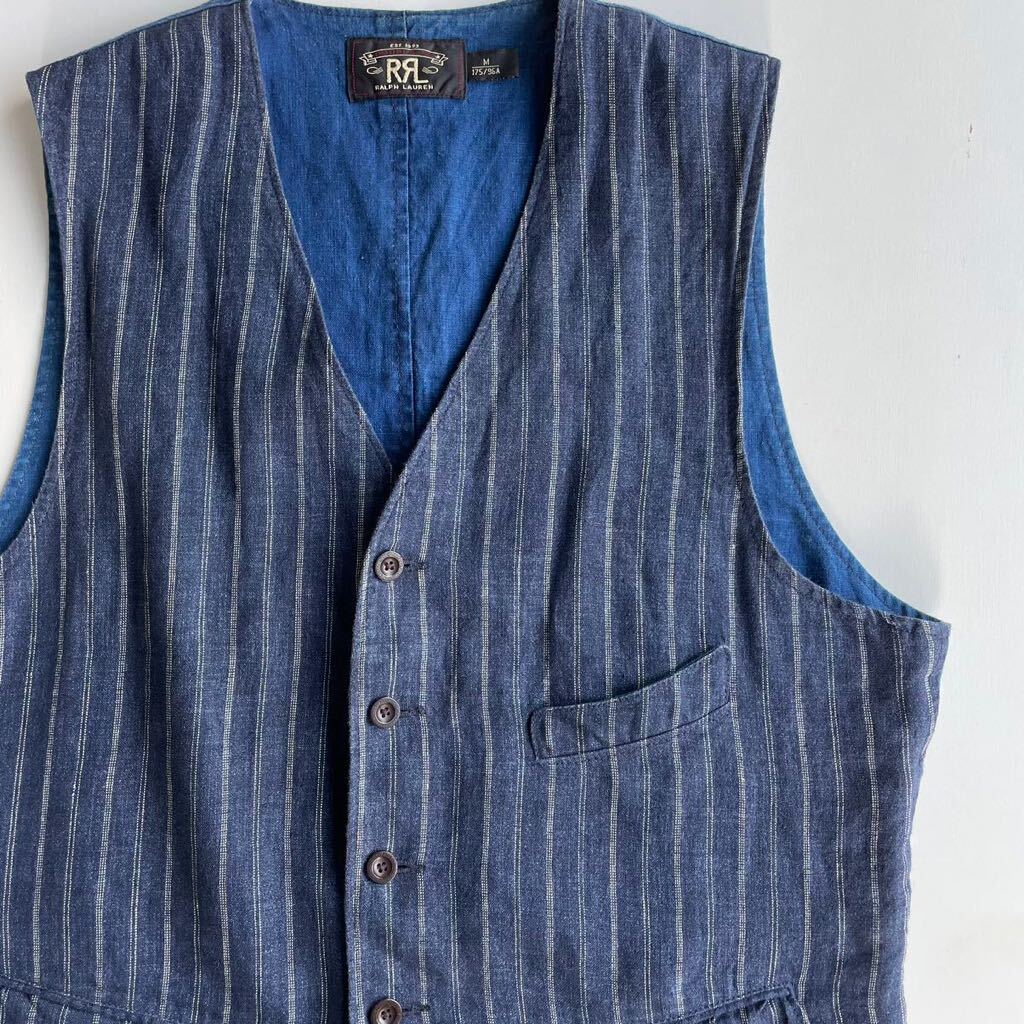傑作】RRL “Indigo Linen Striped Vest” M ジョニーデップ ストライプ