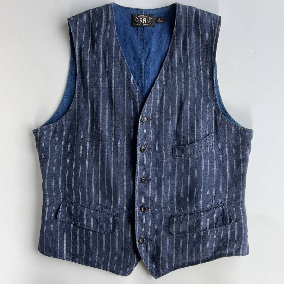 傑作】RRL “Indigo Linen Striped Vest” M ジョニーデップ ストライプ