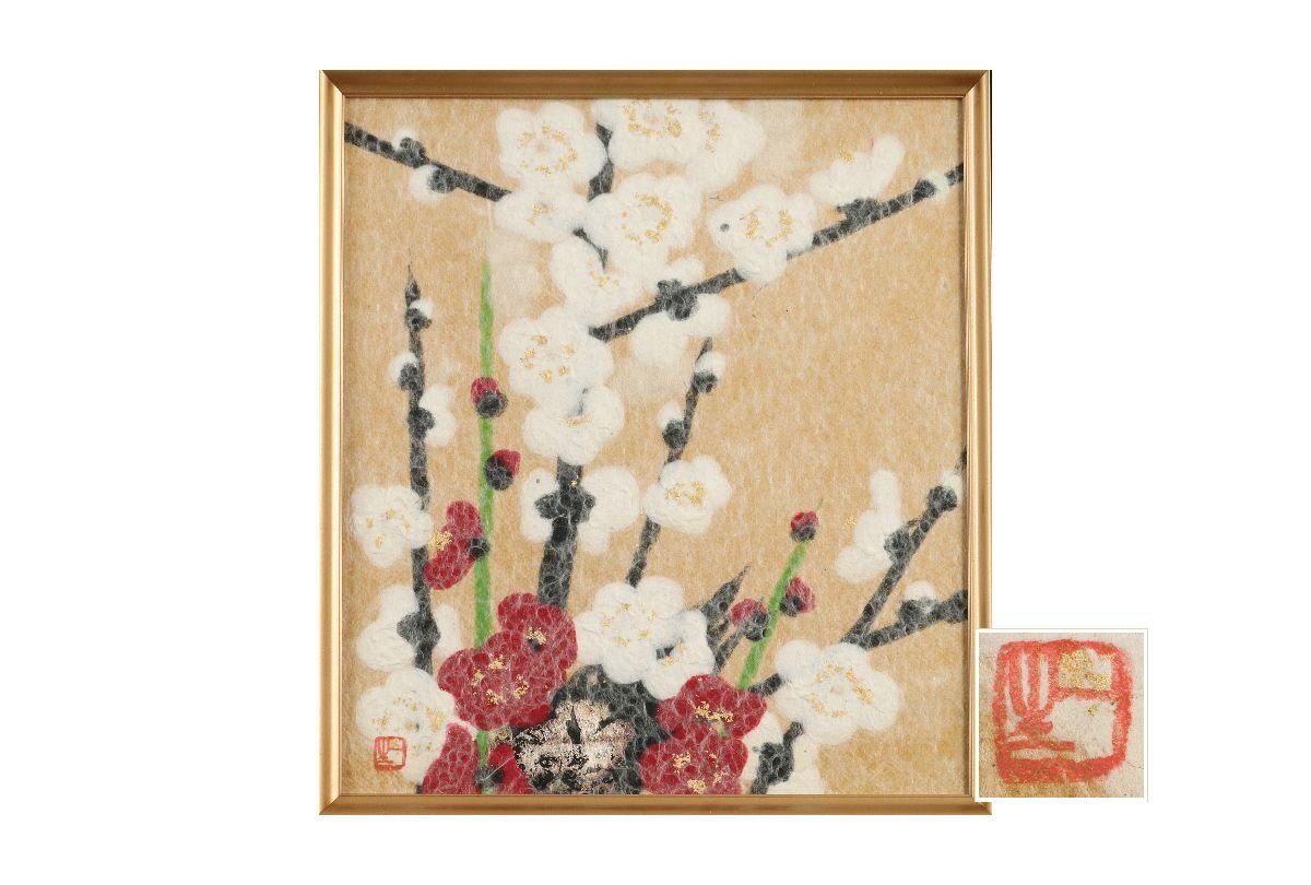Yahoo!オークション - [URA]山内一生 作「紅白梅」/和紙工芸/ちぎり絵/
