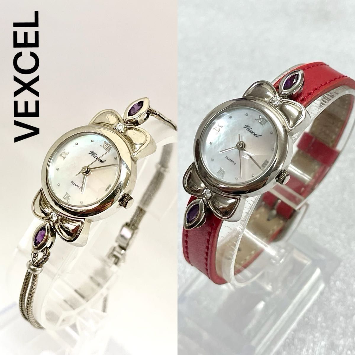 稼働 美品 vexcel 石付き 腕時計 リボン シェル文字盤 宝飾時計