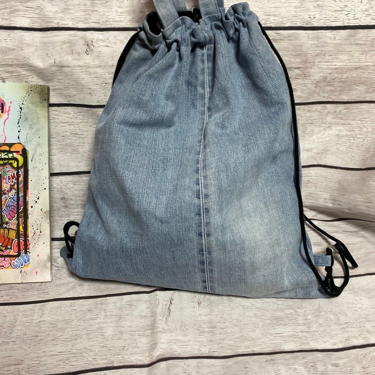 大人ナップサック リメイクデニム トートバッグ 袋 ハンドメイド 猫