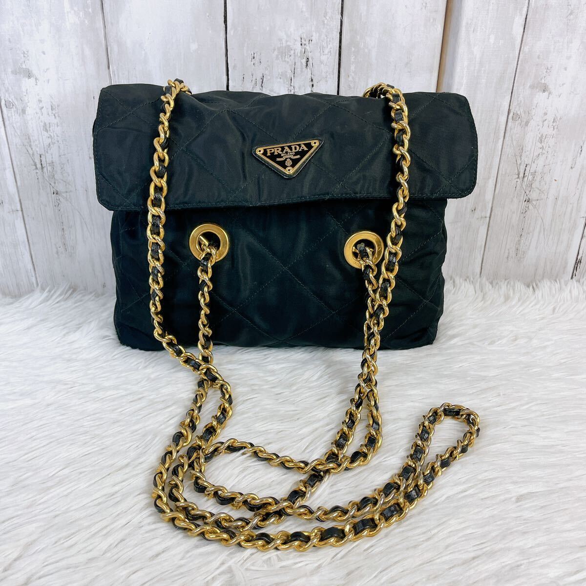 美品 PRADA プラダ チェーンショルダーバッグ キルティング ナイロン