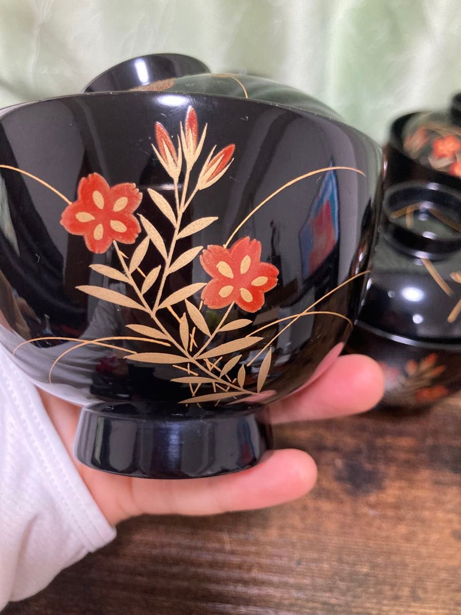 輪島塗椀 草花金蒔絵 黒塗御吸物椀 五客 木製漆器 漆芸懐石会席｜Yahoo