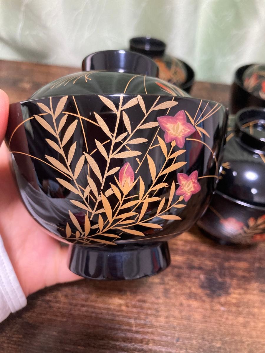 輪島塗椀 草花金蒔絵 黒塗御吸物椀 五客 木製漆器 漆芸懐石会席｜Yahoo