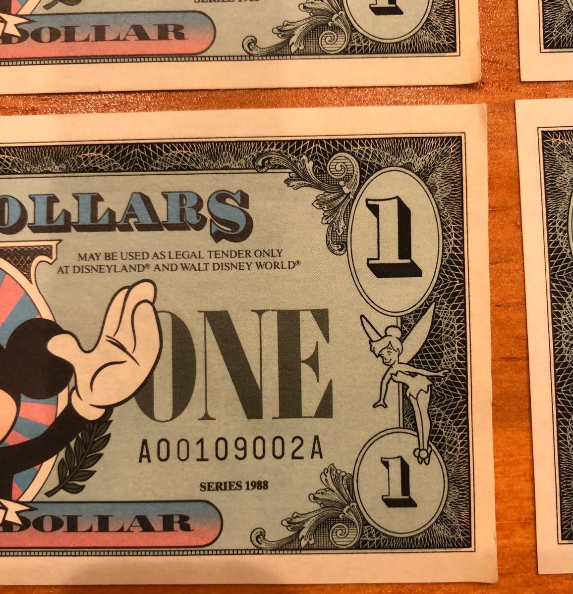 初版1987年ディズニーダラー 連番＄1札 4枚 Disney ディズニーダラー 1