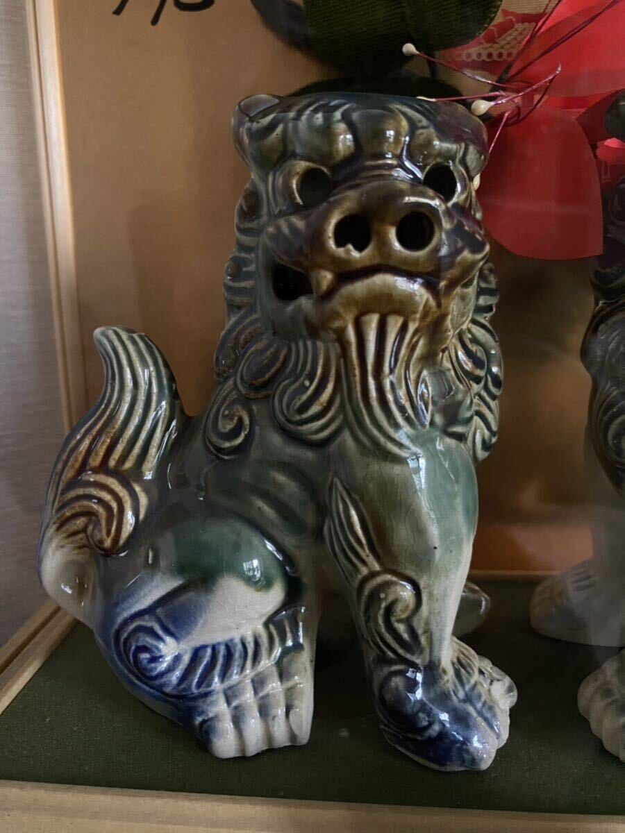 昭和62年購入 ガラスケース 入り 沖縄 シーサー 置物 獅子 魔除け