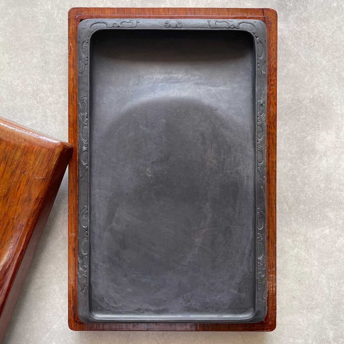 古硯 端渓硯 角型 刻入 8インチ 上下木箱付 中国 書道