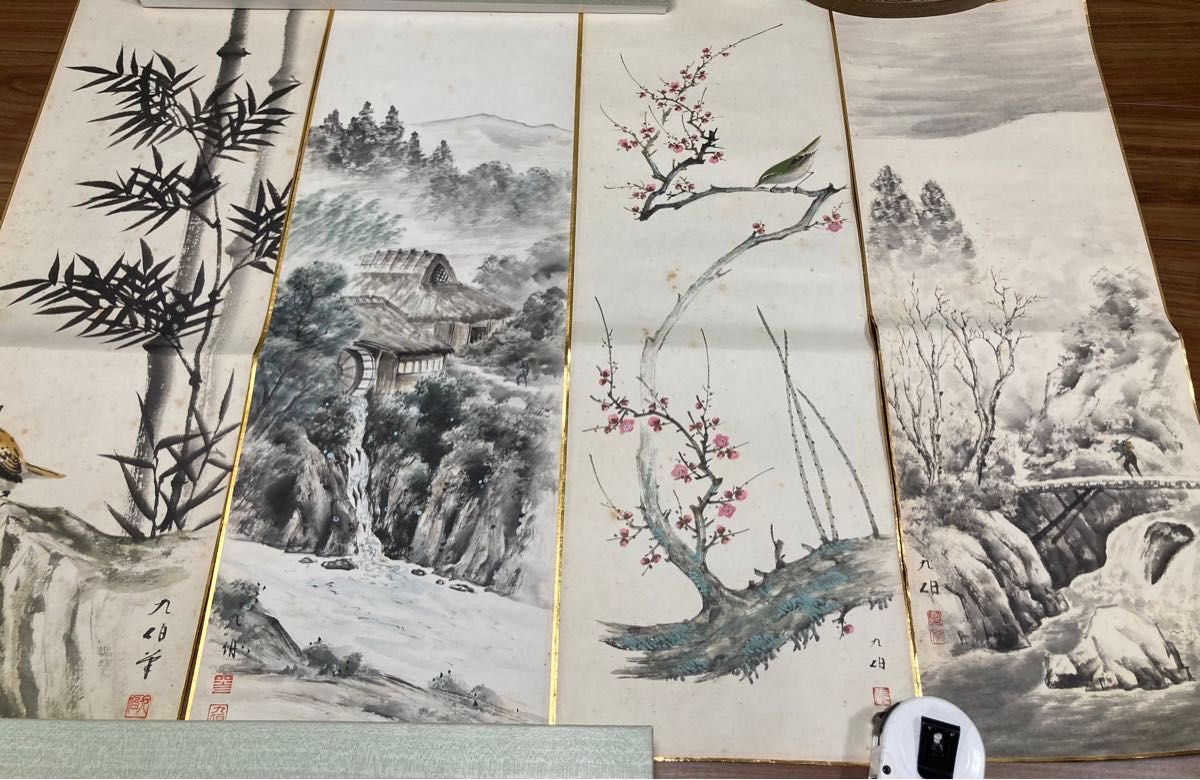 江月宗玩筆 紙本彩色水墨画 4幅対【竹林に鶏図、竹林に賢人 旭日山水