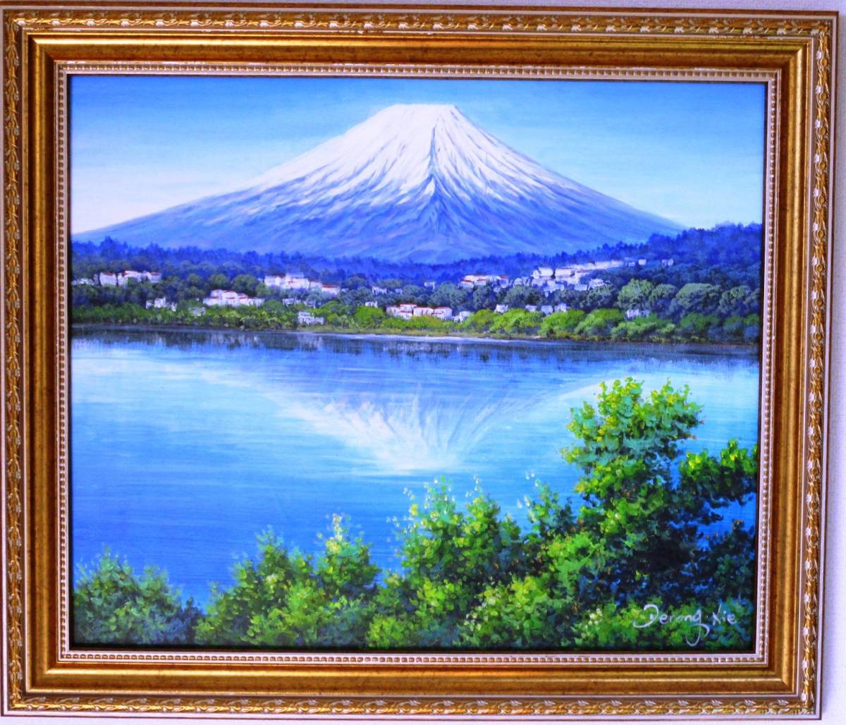 Yahoo!オークション - 富士山絵画 油絵 風景画 新緑の河口湖からの逆さ